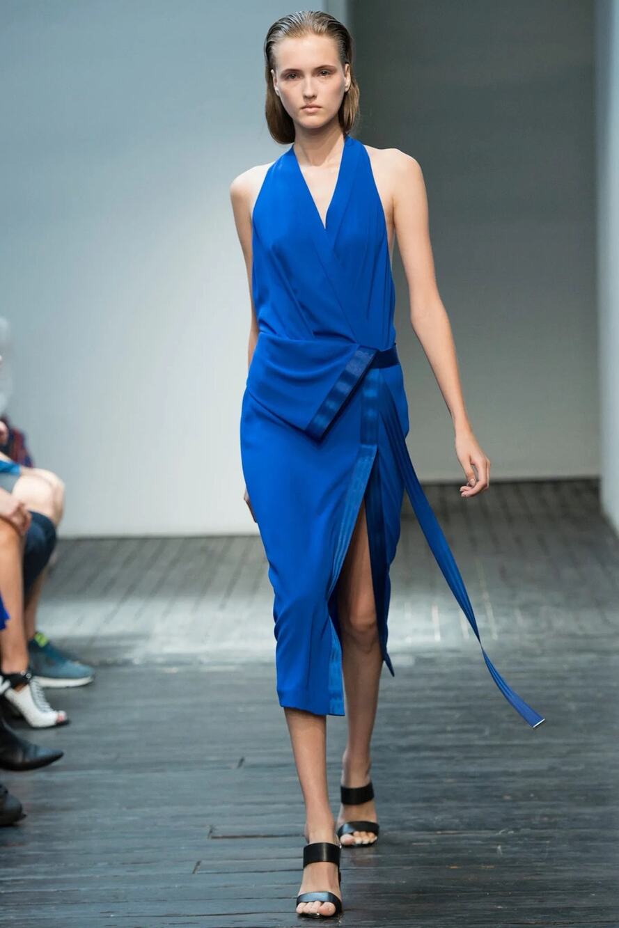 Dion Lee | SS 2015 Runway Cobalt Blue Faille Trim Architectural Wrap Midi Dress